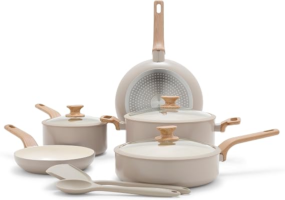 GreenPan Rio Essence Wood 10 Piece Cookware Pots and Pans Set, Healthy Ceramic Nonstick, PFOA & PFAS-Free Coating, Induction, Silicone Rim Lids, Stay-Cool Wood Print Handles, Dishwasher Safe, Taupe