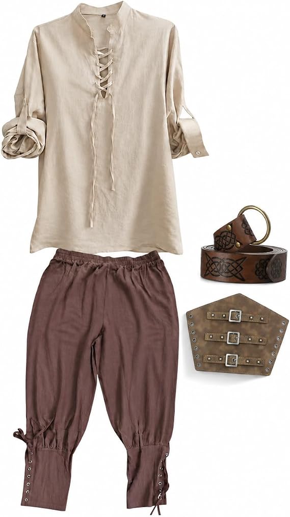 Men Medieval Pirate Costume Set Lace Up Tunic Pants Belt Bracers