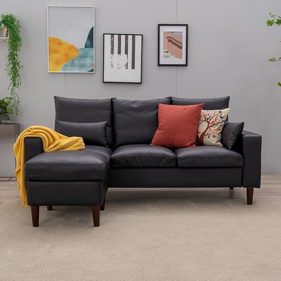 Panana Sectional Sofa Modern Deep 3-Seat Sofa Couch with Ottoman, Upholstered Furniture for Living Room, Apartment, Studio, Office (Black Artificial Leather, Track Arms)