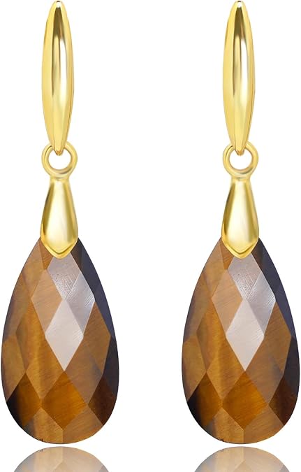 Earrings For Women Natural Lapis Dangle Earrings for Women 18K Plated Gold Tiger Eye Leverback Earrings Teardrop Drop Earrings Trendy Natural Rose Quartz Onyx Healing Stone Dangle Drop Earrings Jewelry for Gifts