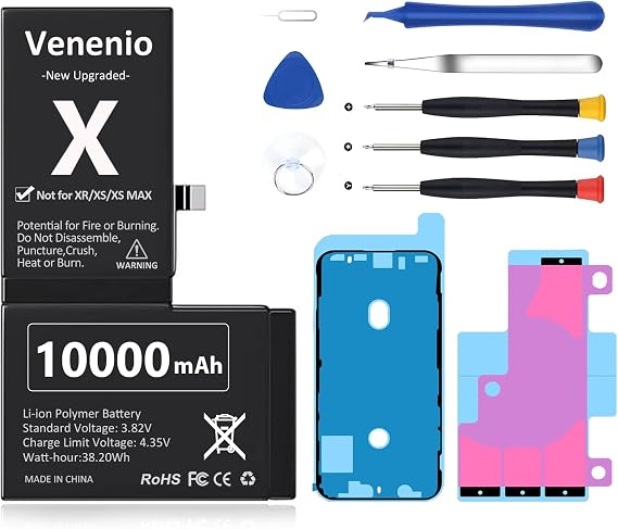 [10000mAh] Battery for iPhone X, Upgraded New 0 Cycle Ultra-High Capacity Battery Replacement for iPhone 10 X Model A1865, A1901, A1902 with Complete Repair Tool kit