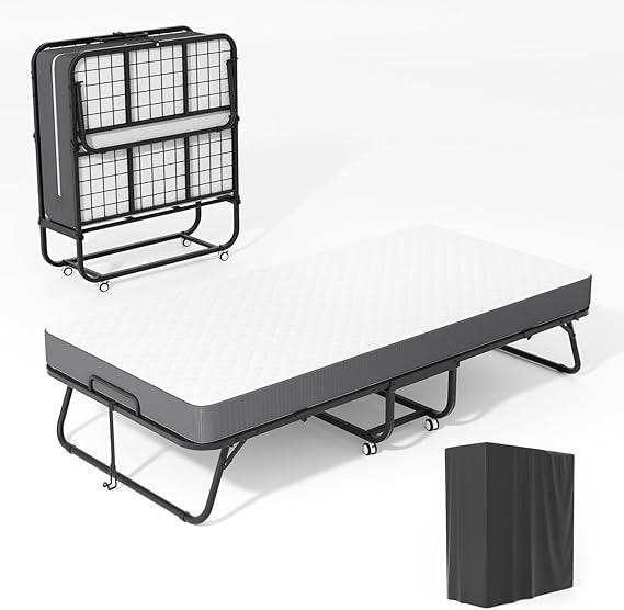 Folding Bed with 5 Inch Memory Mattress, 75 x 38 Foldable Twin Size with Wheels for Adults, Portable Rollaway Bed with Metal Frame for Apartment