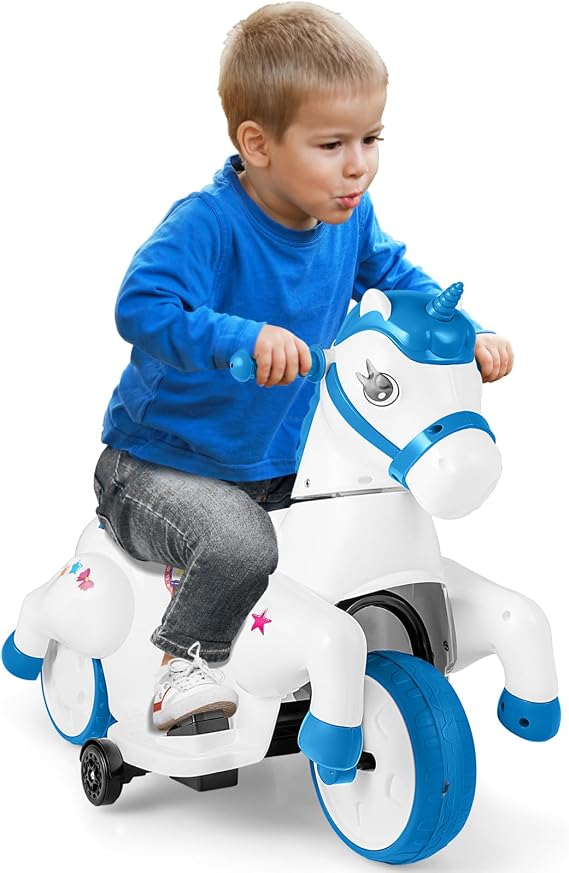 GLACER 12V Ride on Toys, Unicorn Battery Powered Ride on Car w/Training Wheels, Music, Push-Button Start, Spacious Seating, Cute Pony Electric Motorcycle for Boys Girls 3+ Years Old (Blue)