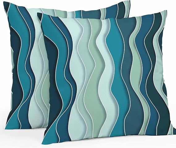 Vandarllin Outdoor Throw Pillows Covers 26x26 inch Set of 2 Waterproof Teal Waves Decorative Zippered Cushion Covers for Patio Furniture, Abstract Lines Lumbar Pillowcases