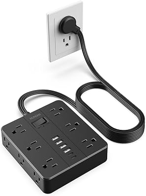 Surge Protector Power Strip 15 Ft Cord, HUNIAN Flat Plug Extension Cord with 12 Widely Spaced Outlets 6 USB Charger 2 USB C Ports, Desk Charging Station for Home Office Supplies, Dorm Room, Black