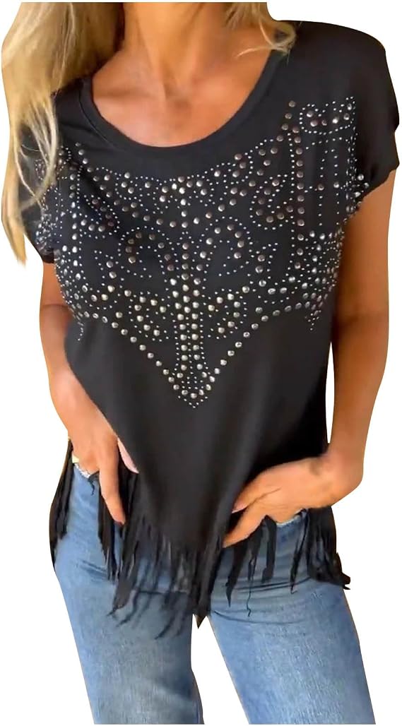 Plus Size Western Shirts for Women Short Sleeve Vintage Graphic T Shirt Rhinestones Summer Fringe Pullover Tops