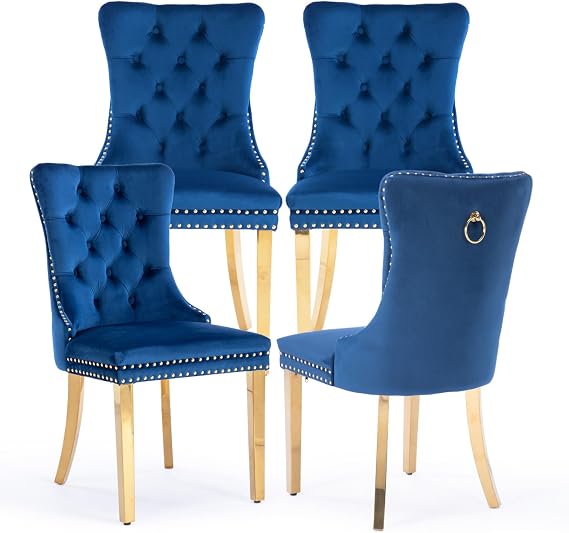 Velvet Upholstered Dining Chairs Set of 4, Modern Style Kitchen Side Chairs with Nailhead Trim and Gold Plated Leg, Metal Pulling Ring for Dining Room Living Room(Blue-Gold Plated Leg)