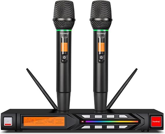 Depusheng R7 Wireless Microphone Set with Two Wireless Dynamic Handheld Microphones Receiving Range of 80 Meters Suitable for Karaoke Concert Stage