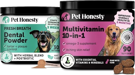 Multivitamin for Dogs + Dental Powder Virtual Bundle for Teeth Cleaning & Plaque Removal, Glucosamine, Probiotics, Omega Fish Oil, Vitamins for Skin, Coat, and Allergies