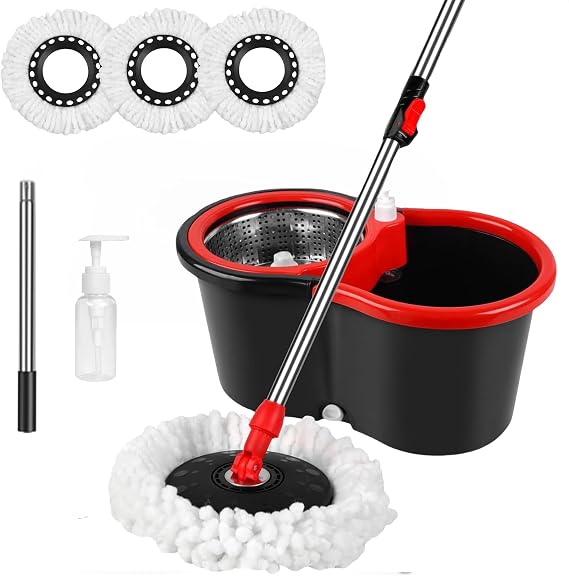 Spin Mop and Bucket with Wringer Set, 360 Spinning Mop Bucket System with 3 Microfiber Mop Replacement Heads, 61" Stainless Steel Extended Handle for Floor Cleaning Home Office