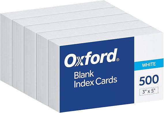 Oxford Index Cards, 3 x 5 Inches, White, Blank Notecards, Flashcards for School and Studying, Bulk Pack of Note Cards, 500 Count (5 Packs of 100) (40175) | Blank unruled surface, standard-weight white paper, takes pen pencil and marker, 5 packs of 100, flash card notes