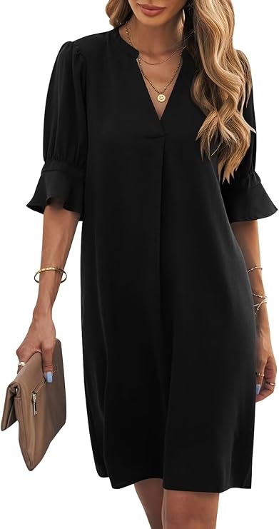 Wkior Womens Summer Ruffle Short Sleeve V Neck Shift Dress | Vacation Travel Outfit, Basic Flowy Swing Dress, Daily Casual Mini Dresses, Beach Wedding Guest Clothes