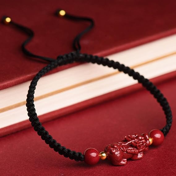 Lucky Bracelet, Feng Shui Bracelet,Feng Shui Bracelet Pixiu/Pi Yao Bracelet Cinnabar Crystal Stone Adjustable Bracelet Braided String Bracelet Lucky Charm Bracelet Women Men Talisman Attract Wealth Fo