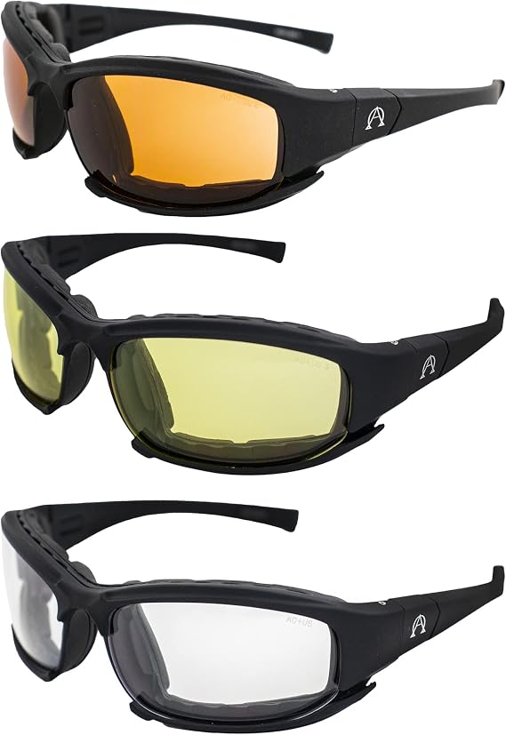 Alpha Omega AO3 Motorcycle Sunglasses Foam Padded Riding Safety Glasses Z87.1 Convertible to Goggles for Men or Women 3 Pair Black Frame w/Amber Clear & Yellow Lenses