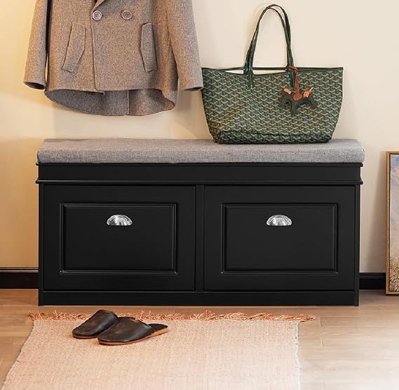 Haotian Black Storage Shoe Bench with Two Flip Drawers