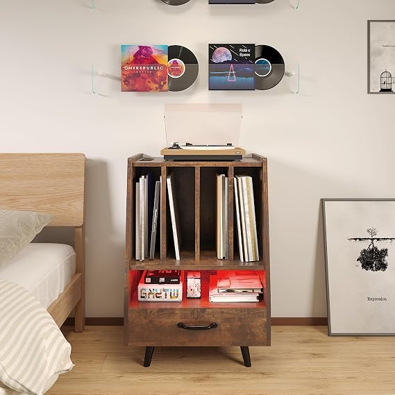 HedoAjim Large Record Player Stand, Led End Table with Charging Station, Turntable Stand with Charging Station, Record Player Table End Table with Drawers, Record Stand for Living Room, Bedroom