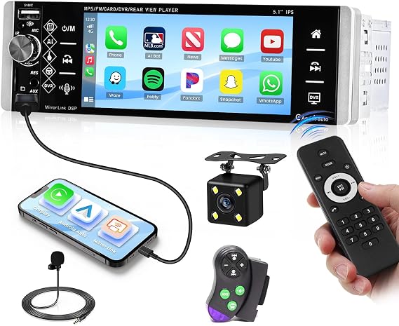 5.1'' Single Din Car Stereo Carplay Android Auto, Hikity 1 DIN Car Radio IPS Touch Screen AM Radio Support Bluetooth FM/RDS Mirror Link SWC Voice Assistant AUX-in/USB/TF Backup Cam+MIC