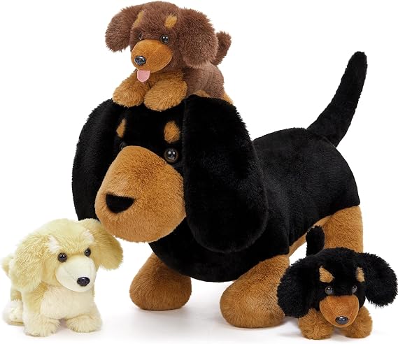 Tezituor Black Dachshund Stuffed Animal with 3 Babies,17.7 Inches Weiner Dog Plush Toy Puppy Stuffed Animal Sausage Dog Plushie Birthday for Kids Girls Boys
