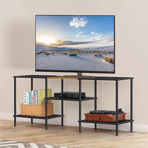 BTY 50 inch TV Stand 3 Tier Entertainment Center with Storage Shelves Small Tall Television Console Table with Metal Frame, Industrial TV Cabinet for Living Room Bedroom, Black