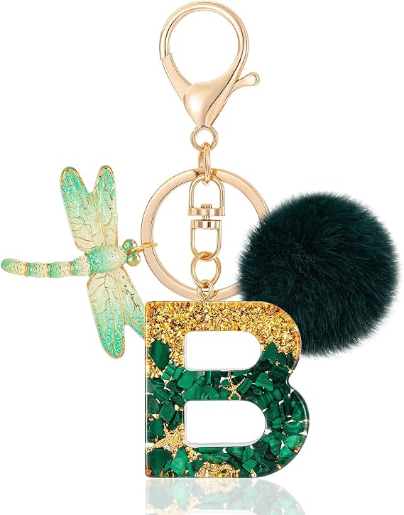 MWOOT Initial Resin Letter Keychain, Cute Car Keyring, Alphabet Key Chain with Butterfly Tassel, Red Plush Ball for Bag Decor