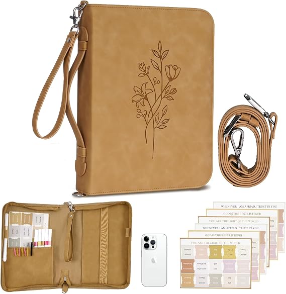 Bible Case, Bible Cover Case for Women with Detachable Shoulder Strap & Wristlet Strap, Christian Gifts for Woman, PU Leather Bible Cover, Church Bag with Bible Study Supplies, Brown,10" x 7" x 1.9