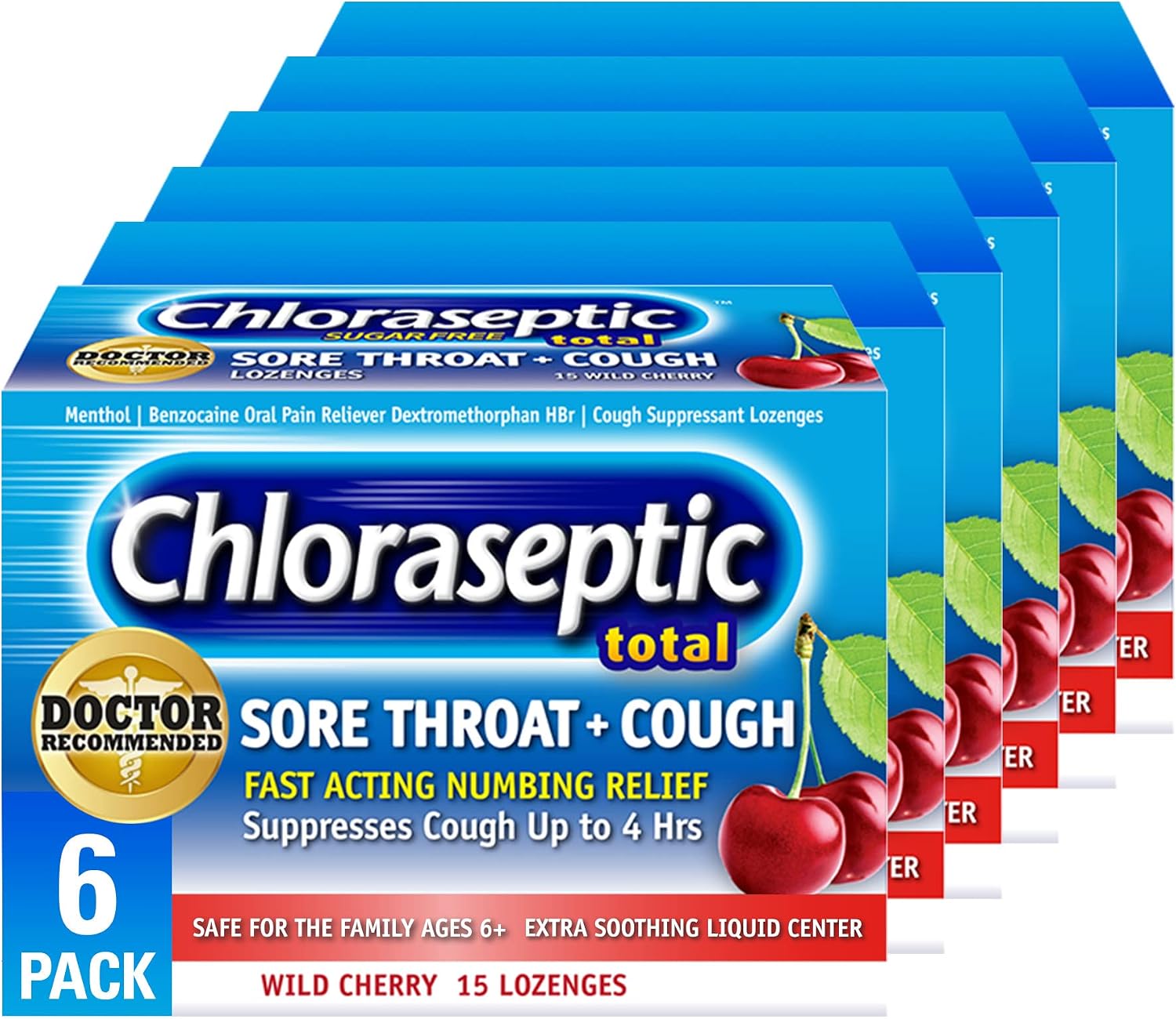 Chloraseptic Total Sore Throat  Cough Lozenges, Sugar-Free Wild Cherry Flavor, 15 CT, 6 Pack