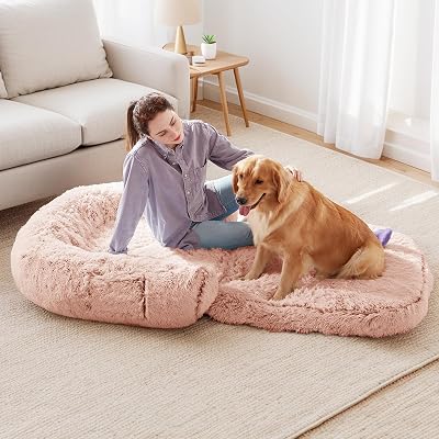 YAEM Foldable Human Dog Bed for People Adult, Memory Foam Dog Bed for Humans, Faux Fur Orthopedic Human Sized Pet Beds with Waterproof Liner, Pink, 71x45x10