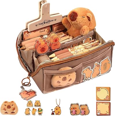 Cute Capybara Pencil Case, Capybara Pencil Holder Pencil Bag with Compartments and Wide Opening Mouth, Capybara Pencil Pouch Include Sticker, Capybara Keychain,Clip,Brooch,Capybara Doll Brooch