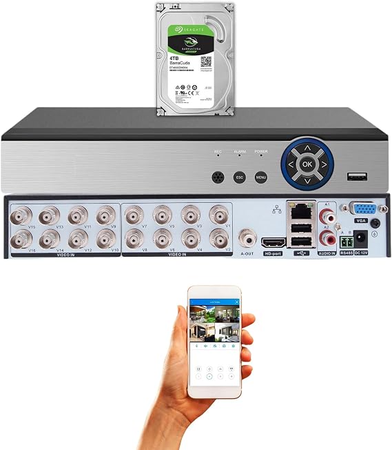 Evertech H.265 16 Channel Hybrid CCTV Digital Video Recorder with 4TB Hard Drive Compatible with AHD/TVI/CVI/Analog Security Cameras