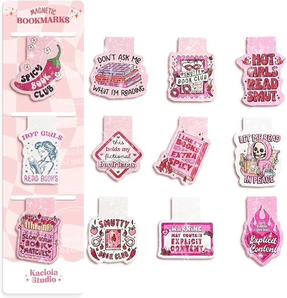 Kaciola Studio 12PCS Glittery Magnetic Bookmarks, Pink Spicy Cute Book Marks for Book Lovers Gifts, Funny Bookmark Accessories for Women Teachers Students School Office Home Supplies (Spicy)