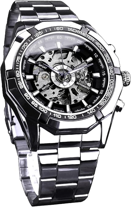 FORSINING Men's Watch Self-Wind Skeleton Hollow Out Mechanical Automatic Luxury Watches, Blue Black Stainless Steel Band Waterproof Wristwatch