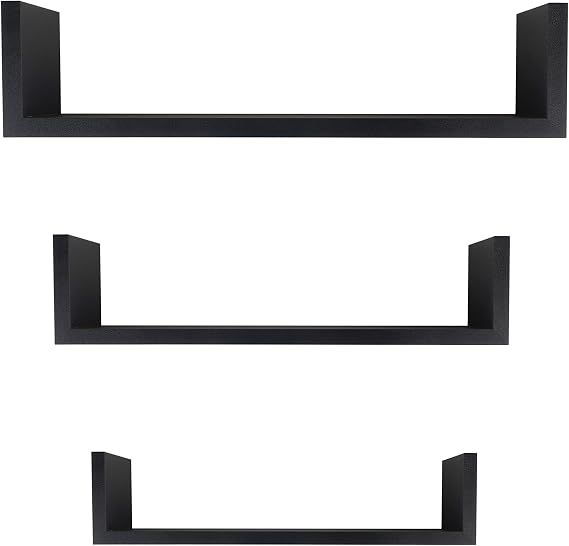 Danya B. XF11039BK Laminated MDF Floating "U" Wall Decor Shelves (Set of 3 pieces) Black