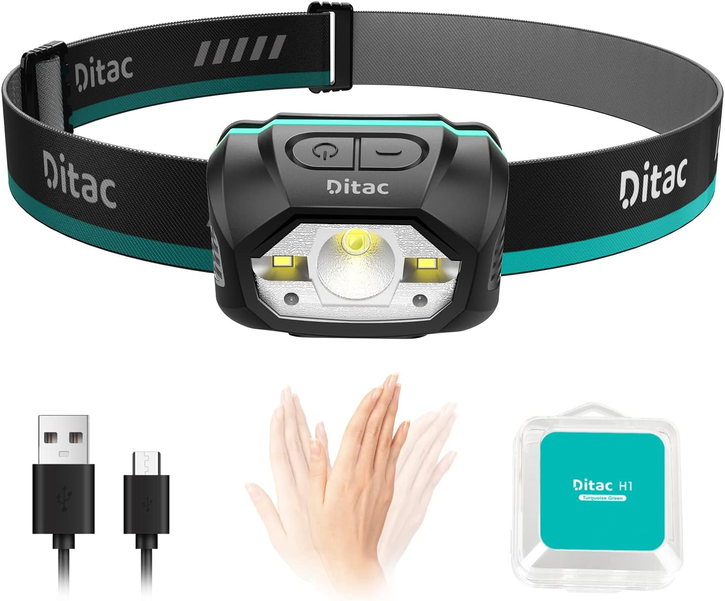 Ditac H1 Head lamp Rechargeable, Head lamp with Motion Sensor, Bright Led Headlamp, 440 Lumens 1800mAh Max Runtime 70 Hours, IPX6 Waterproof Headlight 5 Modes for Hiking Camping Fishing Green