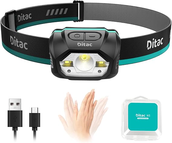 Ditac H1 Head lamp Rechargeable, Head lamp with Motion Sensor, Bright Led Headlamp, 440 Lumens 1800mAh Max Runtime 70 Hours, IPX6 Waterproof Headlight 5 Modes for Hiking Camping Fishing (Green)