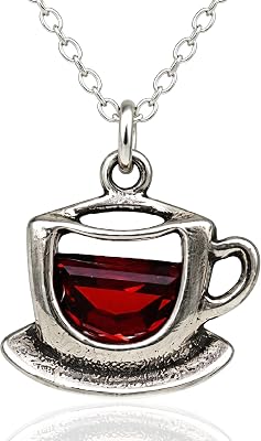 Coffee Cup Teacup Charm Necklace for Women, Sterling Silver Dainty Handmade Necklace with Red Cubic Zirconia CZ, Coffee Lover Barista Caffeine Pendant, Everyday Minimal Layering Jewelry, 18