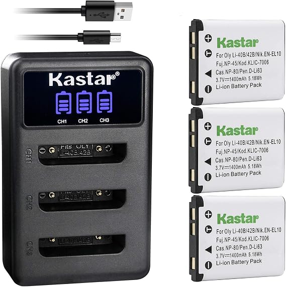 Kastar Battery 3-Pack + LCD Triple Charger Replacement for Olympus LI-42B LI-40B, Fujifilm NP-45 NP-45A NP-45B NP-45S, Nikon EN-EL10, Kodak KLIC-7006, Casio NP-80, Pentax D-Li63 D-Li108, Ricoh DS-6365