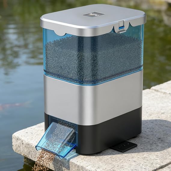 Pawfly Automatic Fish Feeder for Pond, Auto Dispenser Koi Fish Feeder | 2.8 L Large Capacity with Timer Adjustable Auto Dispenser, Moisture-Proof Outdoor Fish Feeder, Battery Powered (Not Included)