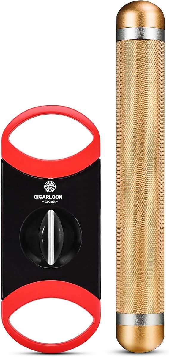 Portable Aluminum Single Cigar Tube and Stainless Steel V-Cut Cigar Cutter