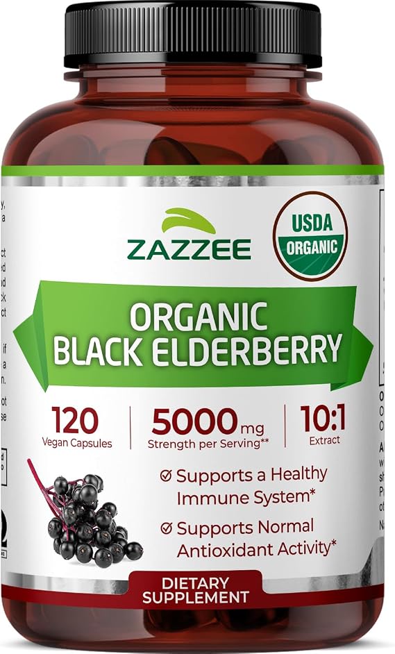 Zazzee USDA Organic Black Elderberry 10:1 Extract, 120 Vegan Capsules | 2 Month Supply, Sambucus Nigra, Antioxidant & Immune Support, Concentrated 10X Extract, All-Natural, Non-GMO, Made in the USA
