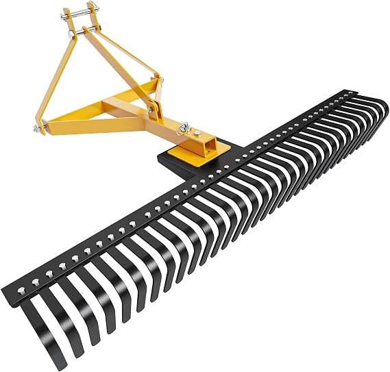 Tractor Rake Attached by 3 Points for Beautifying Landscape,Leveling Lawn and Gardening with Hard Rake Body and 60 Inches Wide Coverage for Work
