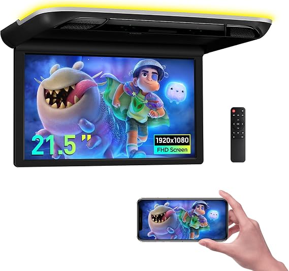 XTRONS 21.5 Inch Car Overhead Player, 16:9 Ultra-Thin FHD IPS Screen Car Roof Mounted Monitor with Built-in Stereo Speakers, Flip Down TV Support IR, HDMI, USB, SD Card, AV Input