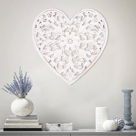 Wooden Wall Decor, Floral Hollow Carved Wall Panel Hanging Decor Rustic Art Sculpture Decorative Carved Floral-Patterned Distressed White MDF Wall Panel for Hallway Bedroom Cafe Office (Heart)