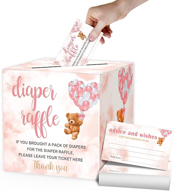 Diaper Raffle Tickets and Advice Cards For Baby Shower - 1 Card Collection Box & 50 Tickets, Pink Balloon Bear Baby Shower Card Box, Party FavorsDecorationsSupplies, Game Kit, 8" Card Box -008BOX