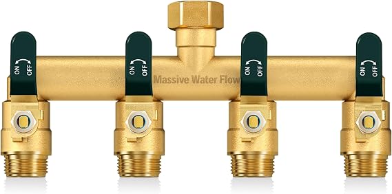4 Way Hose Splitter, Heavy Duty Full Flow Garden Hose Splitter with 4 Large Metal Handles, Brass Water Hose Bib Splitter, T Adapter Connector with 3/4 - Inch GHT Thread (Green)