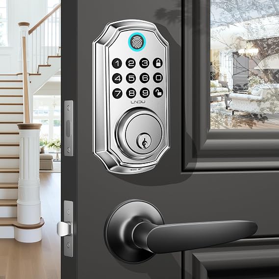 Keyless Entry Door Lock, Smart Deadbolt Lock with Handleset D180 & D280 (Fingerprint & Leveler) (Metallic)