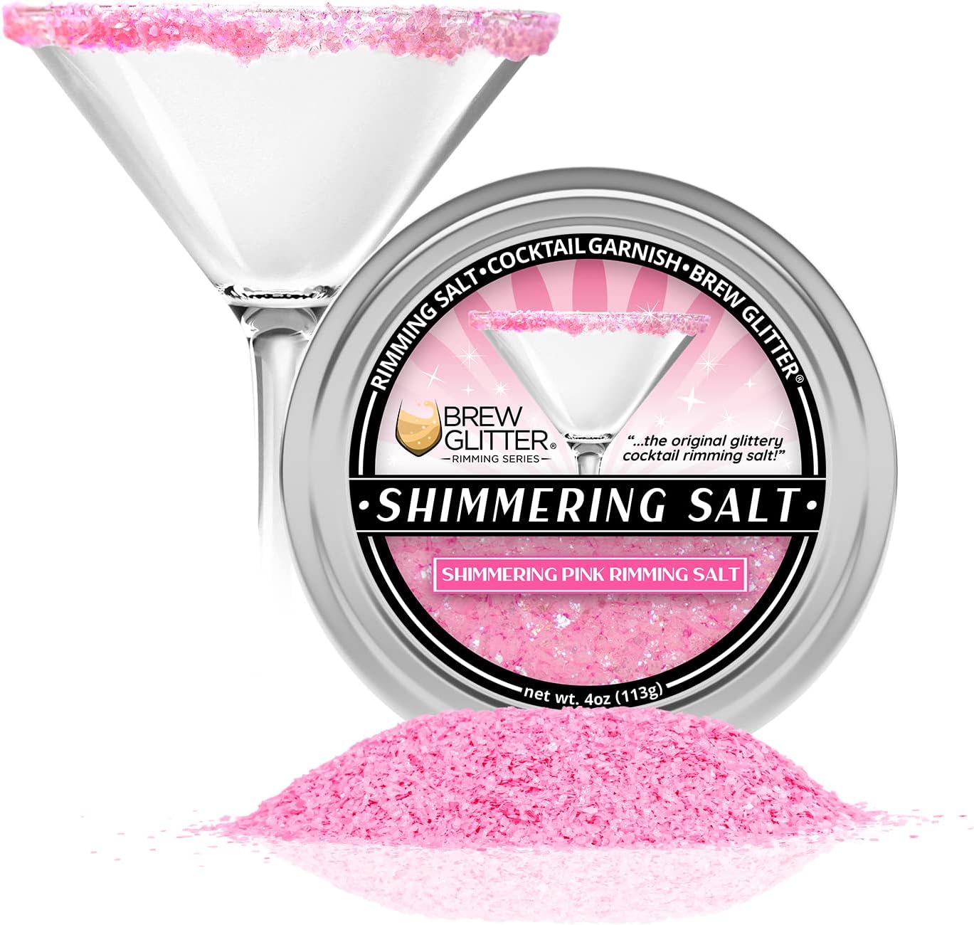 BREW GLITTER Shimmering Pink Cocktail Rimming Salt, Drink Rimmer for Beverages, Cocktails, Margaritas, Drinks, Kosher Certified, Vegan 4 oz, Shimmering Pink