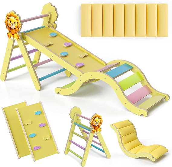 Pikler Triangle Set with Cushion 9 in 1, Climbing Toys for Toddlers 1-3, Montessori Indoor Baby Playground for Safe Motor Skills Development (Yellow-Lion-Set)