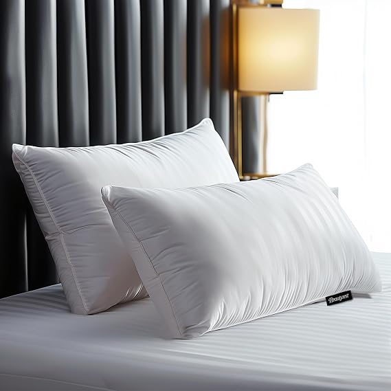Beautyrest Luxury Goose Feathers Down Pillows Queen Size Set of 2 | Hotel Collection Fluffy, Medium Firm Hypoallergenic Pillow, 500 Thread Count Cotton Cover 20x28