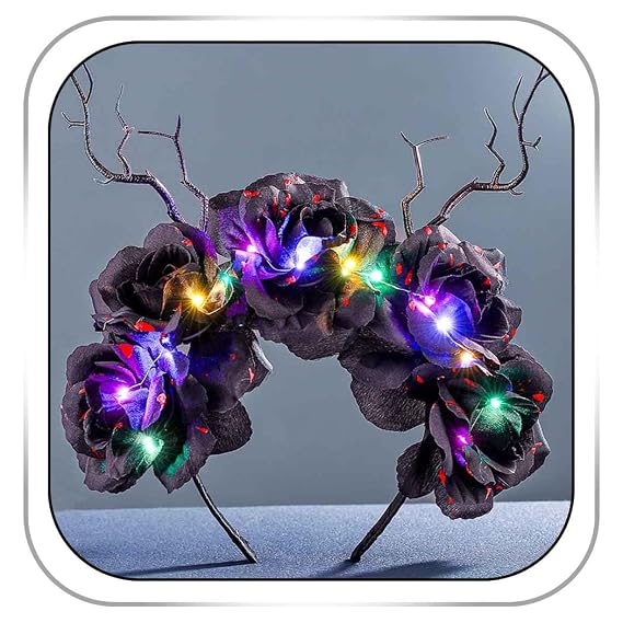 Light Up Halloween Headband Rose Flower Crown Headbands Glowing Black Antler Headpieces Halloween Cosplay Hair Accessories for Women