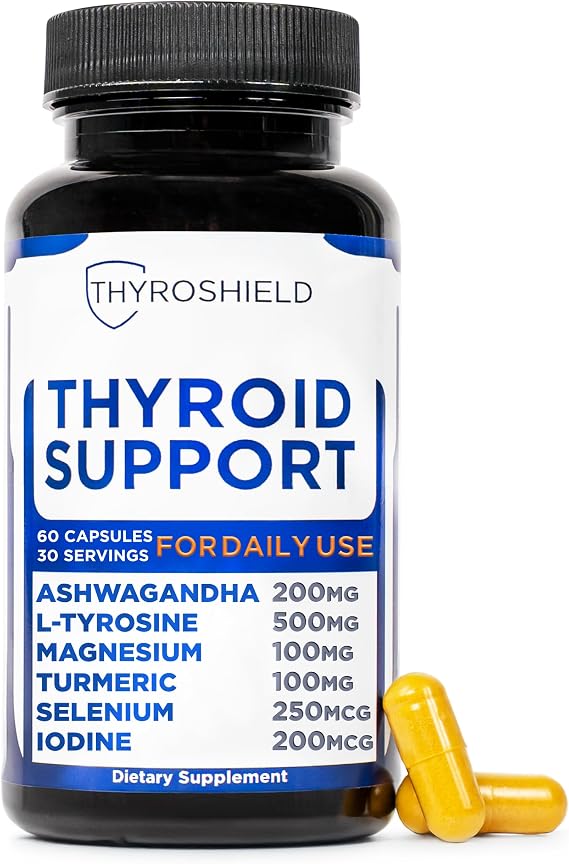 ThyroShield Thyroid Support, Pure Complex with Iodine, Ashwagandha, L-Tyrosine, Selenium, Thyroid Supplement for Women & Men, Energy, Hormone & Metabolism Support, cGMP, CoA Verified - 60 Capsules
